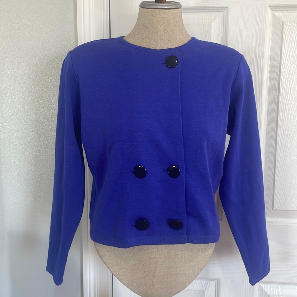 Vtg Liz Claiborne cropped jacket blazer shoulder pads knit blue women’s size PS